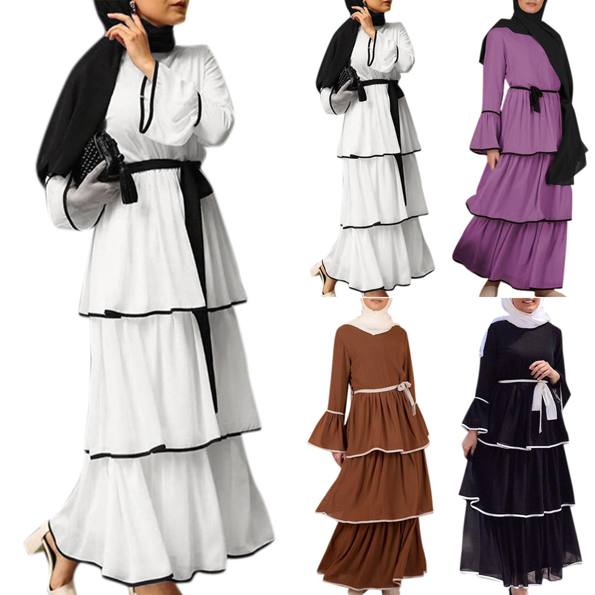 Abaya – robe longue en couches de couleur unie pour femme, style musulman, moyen-orient, jupe turque, vêtements pour femmes, manches longues