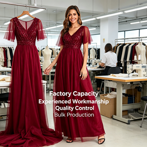 <span class=keywords><strong>Abito</strong></span> da Sera in Tulle Rosso Borgogna per <span class=keywords><strong>Donna</strong></span>: Scollo a V, Maniche Corte, Decorato con Paillettes, Vita Impero, Vestito <span class=keywords><strong>Lungo</strong></span> - Product Image 4