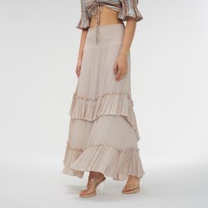 กระโปรงยาวทรงเค้กแต่งระบายจีบแบบซ้อนสำหรับผู้หญิง สีพื้นเรียบง่าย สไตล์ลำลอง - Product Image 3