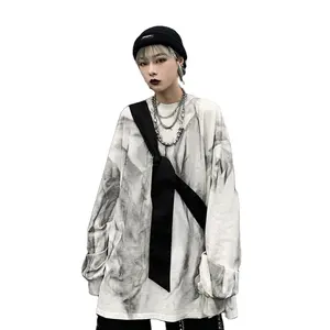 Venta al por mayor coreano de moda retro linterna-Otoño versión coreana de Harajuku estilo streetwear retro tie-dye suelto casual de manga larga camiseta que basa la camisa de ins