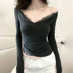 Blusa Corta de Mujer con Cuello en V de Encaje, Manga Larga Acampanada, Ajustada, Elegante, de Punto Elástico para Uso Diario Informal, Nuevo Estilo 2026 - Product Image 1