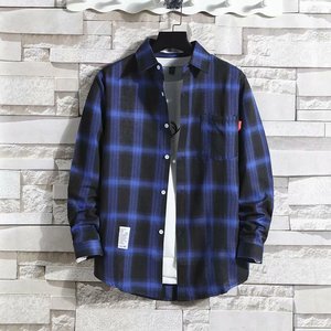 RNSHANGER Otoño Hombres <span class=keywords><strong>Camisa</strong></span> de <span class=keywords><strong>manga</strong></span> <span class=keywords><strong>larga</strong></span> a cuadros Moda coreana Camisas elegantes y juveniles Camisas clásicas delgadas Slim Fit Camisas de bolsillo - Product Image 3