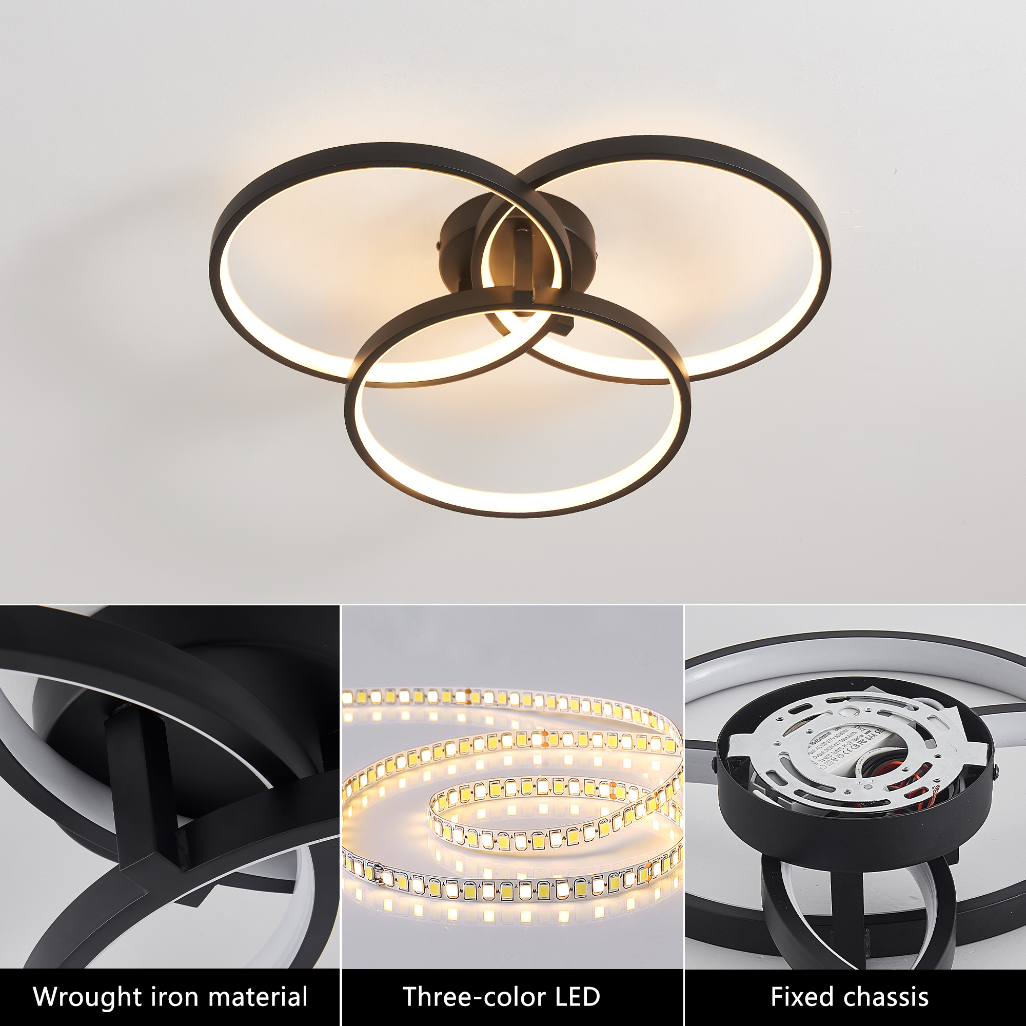 Ship in USA.20" Modern Black LED Ceiling Light, 3-Ring Flush Mount Fixture for Living Room, Bedroom, or Dining Room