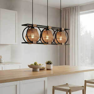 Lustre suspendu double anneau 3 lumières style bohème, abat-jour en corde de chanvre tressée à la main, lustre rustique pour table à manger ou îlot de cuisine - Product Image 2