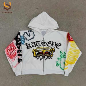 Sudadera con capucha corta de felpa francesa de alto gramaje, de corte holgado y extragrande, con cremallera, con estampado gráfico integral DTG, estilo streetwear personalizado - Product Image 1