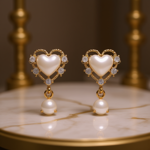 Orecchini a forma di cuore in oro con goccia di perla finta per donna, gioielli da matrimonio, design carino, lega di zinco placcata oro - Product Image 2