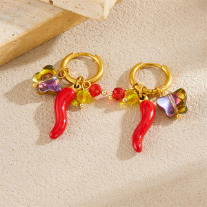 Hoop Earrings Red Chili Pepper Butterfly Charm Gold Plated Stainless Steel Fashion Dangle Earrings - Product Image 2
