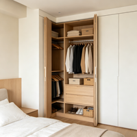 Ensemble de tiroirs modulaires arrondis blanc crème mat Trade Supply avec intérieur en chêne foncé pour projets de placards sur mesure