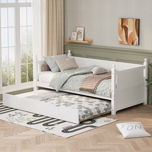 White Wooden Trundle Bed For <b>Kids</b> Bedroom With <b>Storage</b> Drawer And Mattress Set - Product Image 1