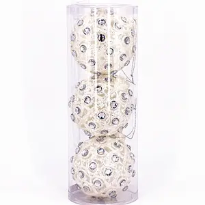 热卖3 pcs钻石圣诞树球饰品20厘米圆形织物丝绸和泡沫玻璃饰品pvc盒批发