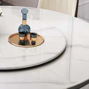 Italian White Marble Top Table Sintered Stone Round Rotating Dining Table Set