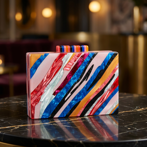 Pochette rigide en résine marbrée multicolore à rayures, sac de soirée avec fermoir supérieur, style unique fait main de luxe, dernier design - Product Image 1