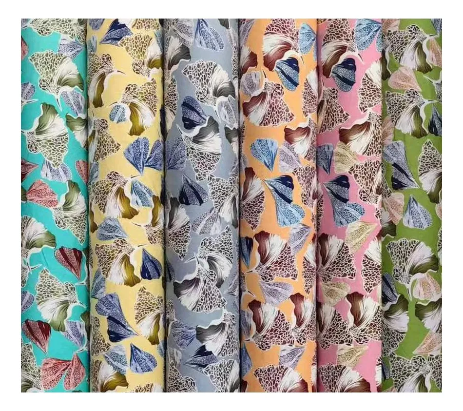 Pabrik kain Rayon bunga pulau Hawaii desain layar dicetak 100% Viscose 45S kain Rayon putaran untuk gaun wanita