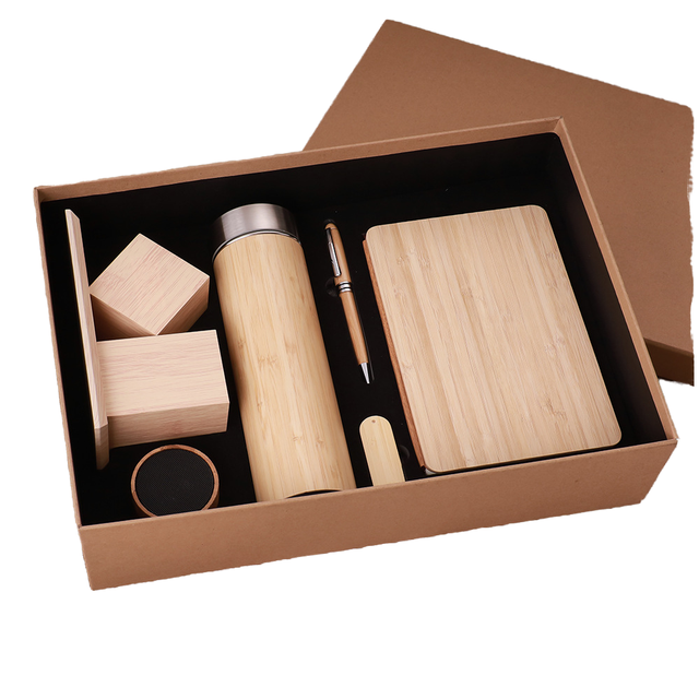 Eco-friendly Bamboo Speaker Notebook Card Pen Holder and U Disk 6 in 1 Business Promotion Gift Set for VIP Clients