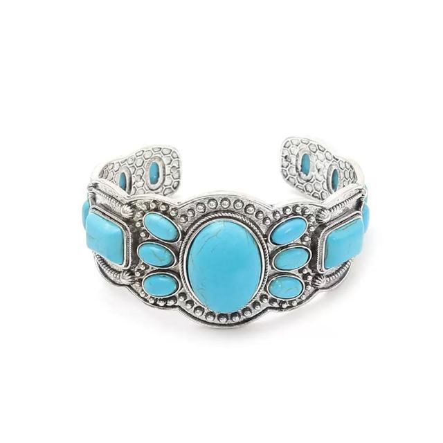 Bohemian Western Style Turquoise Cuff Bracelet Vintage Silver Plated Open Bangle Ethnic Tribal Statement Jewelry for Women