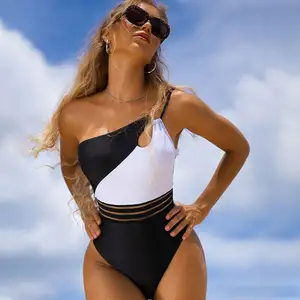 Custom New Design In Stock Sexy Patchwork One Piece Bikini Beachwear One Shoulder Hollow Out Swimsuit Women High Cut Swimwear