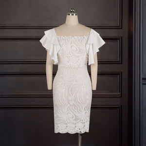 X7005 Nouvelle Robe de Soirée <span class=keywords><strong>Chic</strong></span> en Dentelle à Épaule Unique et Manches Volants pour <span class=keywords><strong>Femme</strong></span>, Couleur Unie, Décontractée, Été, Blanche - Product Image 4