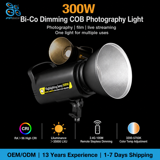 300W COB Studio Light 3200-5700K Bi-color Ra96+ Stepless Dimming 2.4G Remote Bowens Mount for Video Filming Portrait