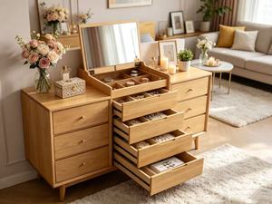 Premium Solid Oak Integrated Dressing Table Fluted Glass Cabinet Multi Open Storage Makeup <b>Vanity</b> With Stool - Product Image 6