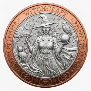 Moneda Coleccionable de Cobre Bicolor <span class=keywords><strong>con</strong></span> Temática de Brujería, Motivo de Luna, Estrella, Búho y Gato, y Borde de Pentagrama para Uso Decorativo - Product Image 1