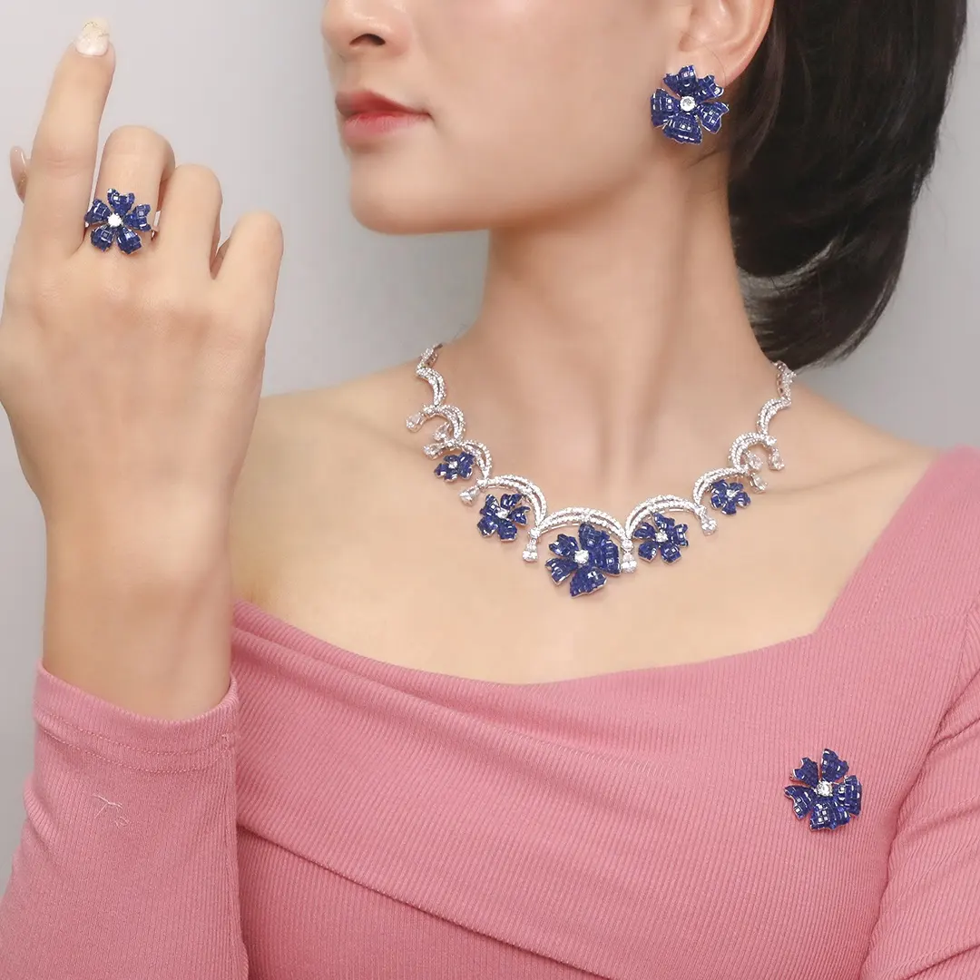 Set Perhiasan Wanita Baik Setelan Tak Terlihat Bunga Biru Spinel Set Perhiasan Amerika Set Perhiasan Bunga