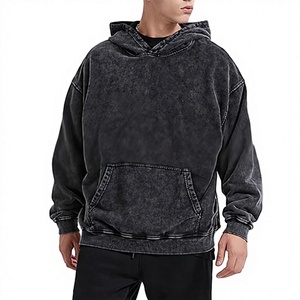 Men's <b>Black</b> Hooded Pullover <b>Sweatshirt</b> Solid Color Washed Cotton French Terry Regular Sleeve Autumn Style - Product Image 2