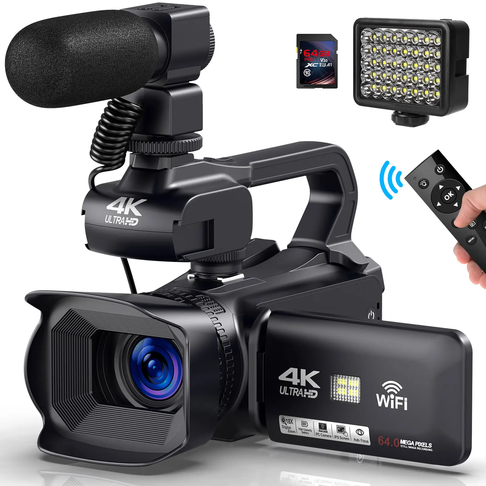 กล้องบันทึกวิดีโอ64MP 60FPS 4K สำหรับ YouTube Ultra HD 4นิ้วฝาพับหน้าจอซูม18X กล้องบันทึกวิดีโอดิจิตอล