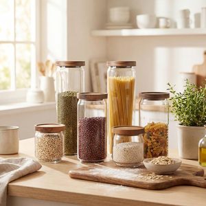 Pot en verre transparent au design moderne pour le stockage de denrées alimentaires sèches, de céréales et d'épices - Product Image 1