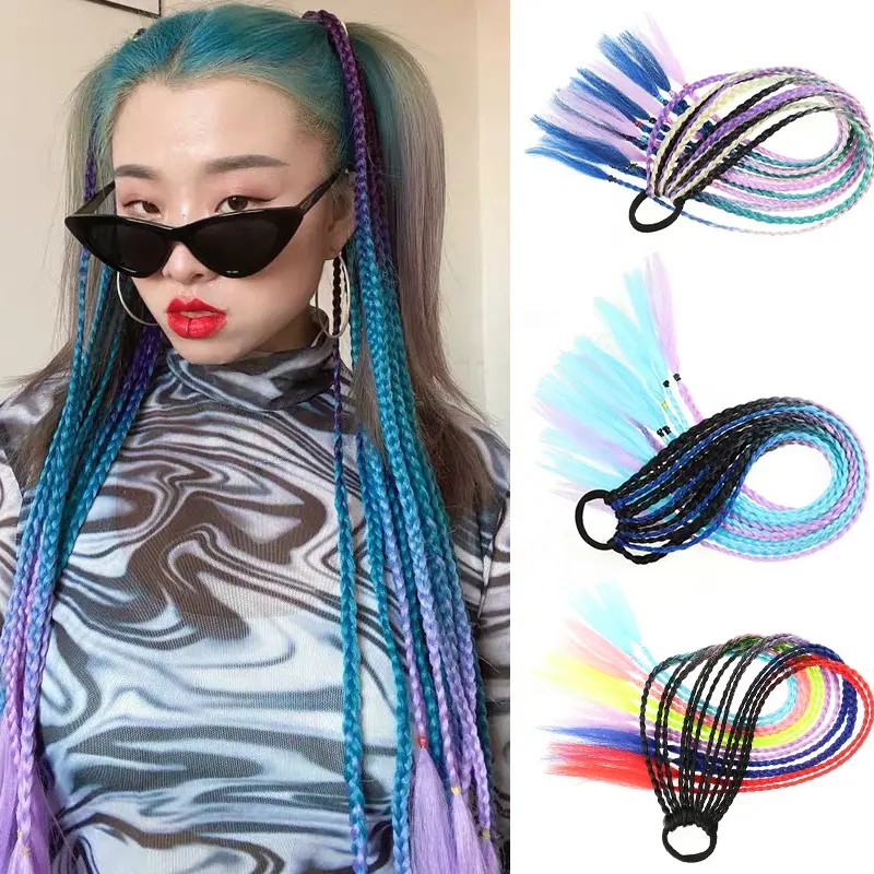 Wholesale Synthetic Braiding Ponytail For Girl Lightning Elastic Long Ponytail Hole Beanie Yaki Color Braiding Hair Kid For Sale