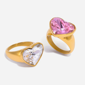 Heart Shape <b>Crystal</b> <b>Ring</b> Gold Plated Bezel Setting For Women Everyday Wear Jewelry Pink White Color Option - Product Image 1
