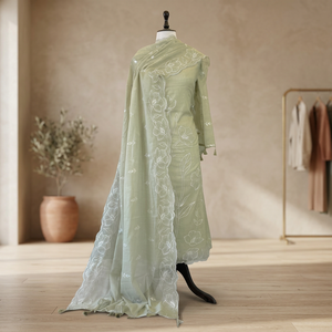 Ensemble de vêtements Banarasi trois pièces avec tissu tissé élégant, comprenant un haut, un bas et un dupatta, idéal pour les occasions festives. - Product Image 3