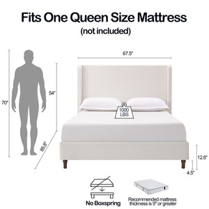 54" Tall Modern Hotel Upholstered Bed Frame Rice White Chenille Queen Wingback Headboard Solid Wood Legs Metal Frame Support - Product Image 6