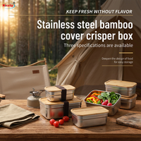 Boîte à lunch de camping en acier inoxydable 304 avec couvercle en bambou, sangle élastique, conteneur de stockage alimentaire portable pour pique-nique et randonnée