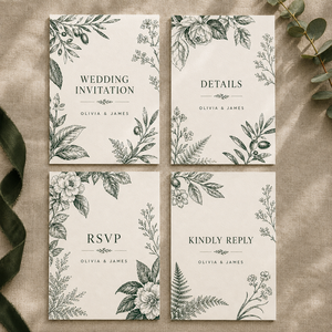 Suite de papeterie de mariage en aquarelle botanique verte, cartes en papier floral personnalisées pour invitation, RSVP, menu et remerciements - Product Image 1