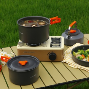 Draagbare aluminium camping kookset met inklapbare handgrepen voor wandelen, backpacken, buiten koken en gebruik met gasfornuis - Product Image 4