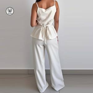 Nouveauté 2025 : <span class=keywords><strong>Ensemble</strong></span> <span class=keywords><strong>femme</strong></span> avec débardeur long à bretelles spaghetti et boutons dorés esthétiques, et <span class=keywords><strong>pantalon</strong></span> long taille haute - Product Image 2