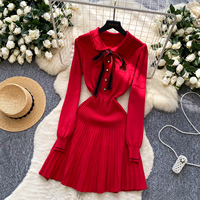 Robe élégante en tricot pour femmes, style preppy, manches longues, col Peter Pan, décoration nœud, plissée, coupe trapèze, robe décontractée pour tous les jours
