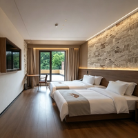 Ensemble de meubles modernes modulaires pour chambre double d'hôtel avec tête de lit en placage de bois, meuble TV, table d'appoint et chaise pour chambre à coucher ou appartement