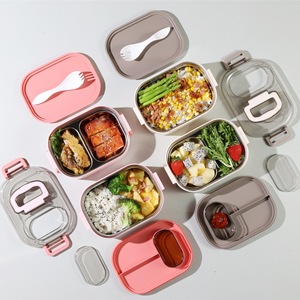 Boîte à bento en acier inoxydable à deux niveaux avec compartiment, boîte à lunch étanche pour enfants, étudiants, travailleurs, extérieur, ensemble de contenants de stockage alimentaire - Product Image 2