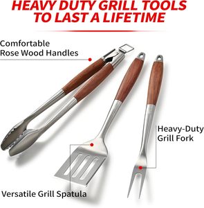Ensemble d'outils de barbecue robustes en bois de rose, spatule, fourchette et pinces multifonctions en acier inoxydable épais pour barbecue et grillades - Product Image 3