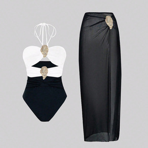 STOCK 9Colors <strong>Bandeau</strong> <strong>Top</strong> Trendy Women Two Pieces Swimwear Gold Accessories Swimsuit and Cover Ups Chiffon Skirt S-XL - Product Image 5