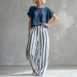 Ensemble décontracté pour femmes, pantalon et haut rayés bleus, coupe ample, style européen, pour un usage quotidien, tailles S M L XL 2XL 3XL - Product Image 3