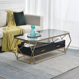 Mesa de Centro de Vidrio Extensible Giratoria de Lujo Moderna para Sala de Estar, Redonda, de Mármol, Dorada y Blanca - Product Image 4