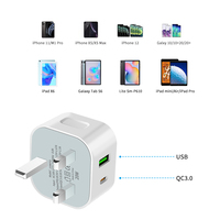 Pengisi Daya Cepat 20W PD Tipe-C untuk Ponsel, Adaptor PD US/UK/EU dengan Kabel USB