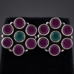 Boucles d'oreilles clous florales en argent sterling 925 avec rubis violet et vert serti en coupelle, bijoux fins pour femmes et jeunes filles - Product Image 5