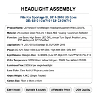 Phare de remplacement en plastique résistant aux UV, de qualité supérieure, conforme aux normes américaines, pour Kia Sportage 2014-2016 92101-3W710 / 92102-3W710
