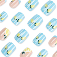 Faux ongles à presser rose et bleu style French Manucure avec motif citron et feuille verte, brillants et réutilisables pour manucure estivale 4616
