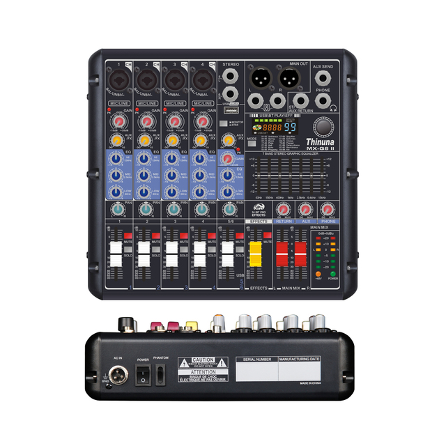 Thinuna MX-Q6 II Ultra-Portable 6-Channel Mini Audio Mixer with USB/Blue-tooth, DSP Effects 48V Phantom Power Mini Mixer