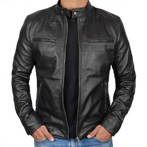 Men's Black Genuine Leather <b>Heated</b> Moto <b>Jacket</b> Mandarin Collar Zipper Closure Slim Fit Regular Length Solid Color Front Winter - Product Image 3