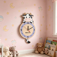 Jam Dinding Pendulum Kayu 12 Inci Jam Dekorasi Dinding Kamar Anak Motif Hewan Kartun Super Senyap Tanpa Suara Tik-tok untuk Kamar Anak